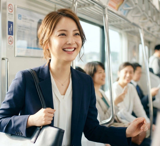 初任給で両親へペアギフトを贈る新社会人のための、電車で初出勤する輝く笑顔の女性（名入れギフト専門店キョウガキネン日）